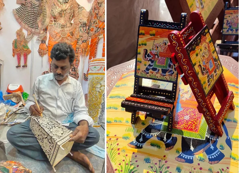 Tholu Bommalata artisan painting a lamp (left) and handpainted phone stands