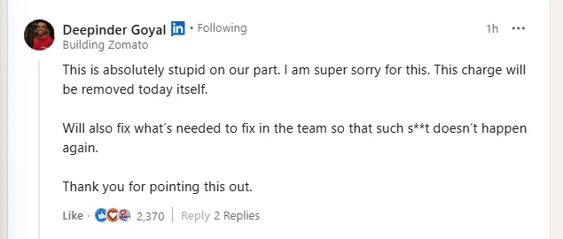 Deepinder Goyal reply to the post