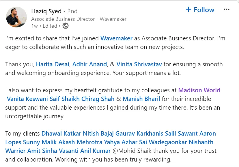 Syed's LinkedIn post