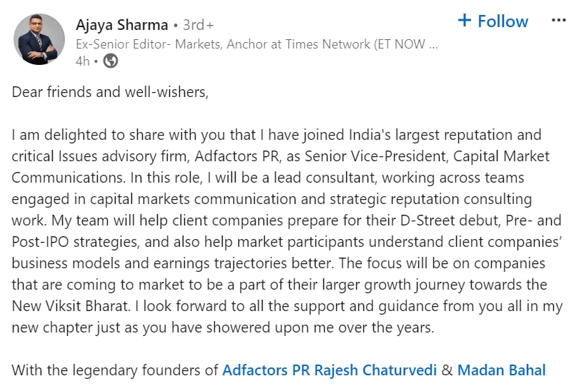 Ajay Sharma LinkedIn post