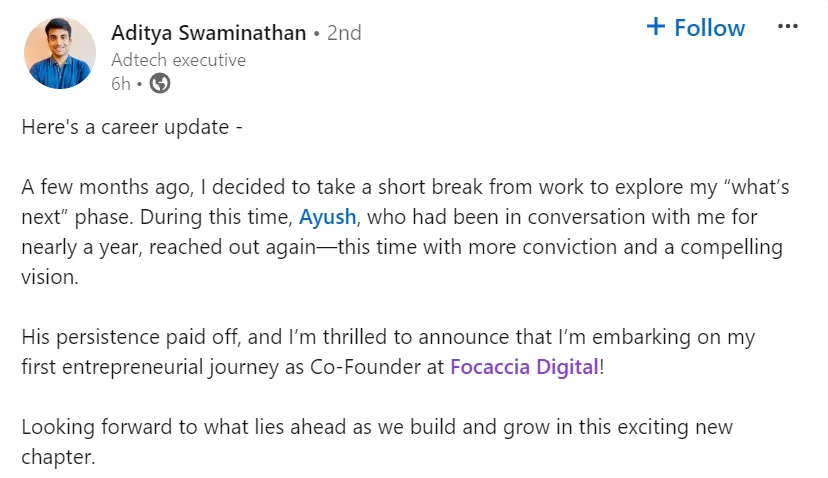 Aditya's LinkedIn Post