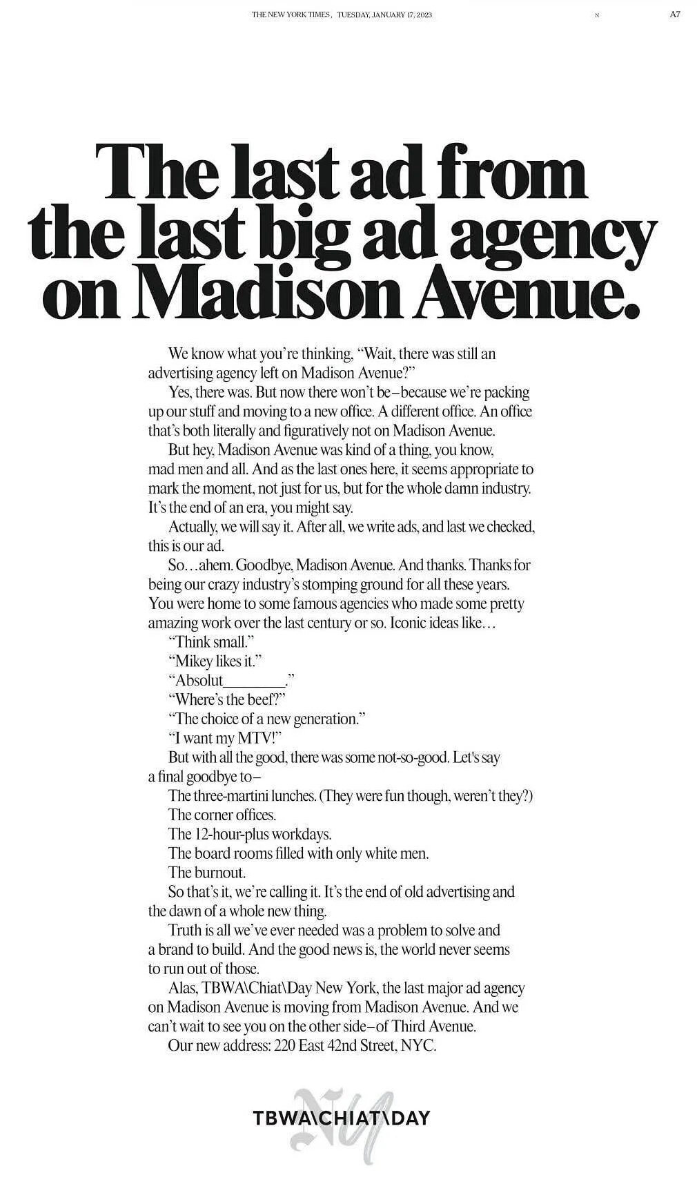 TBWA\Chiat\Day ad in NYT  