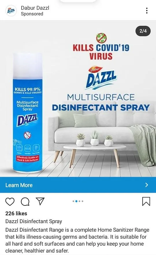 Dazzl's ads for disinfectant spray on Instagram  