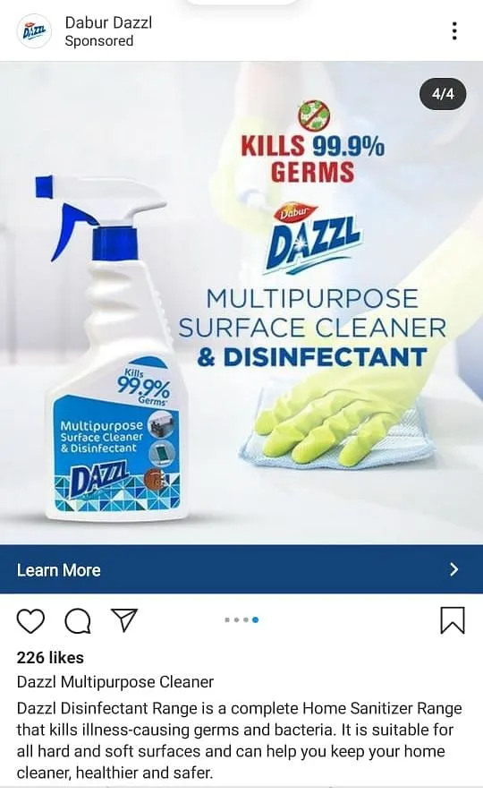 Dazzl's ads for surface disinfectants on Instagram  