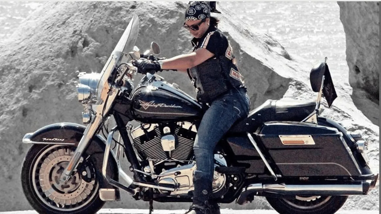 Sharma on her Harley.  