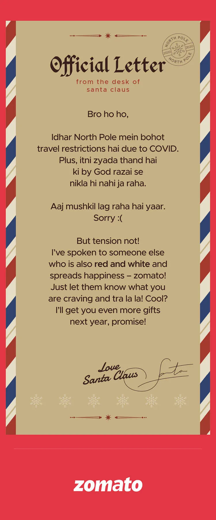 This Zomato mailer delivers a letter from Santa Claus  
