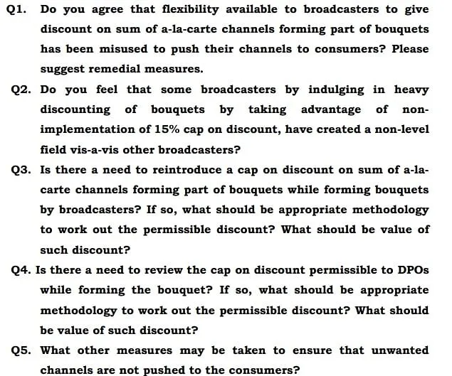 A set of questions raised by TRAI  