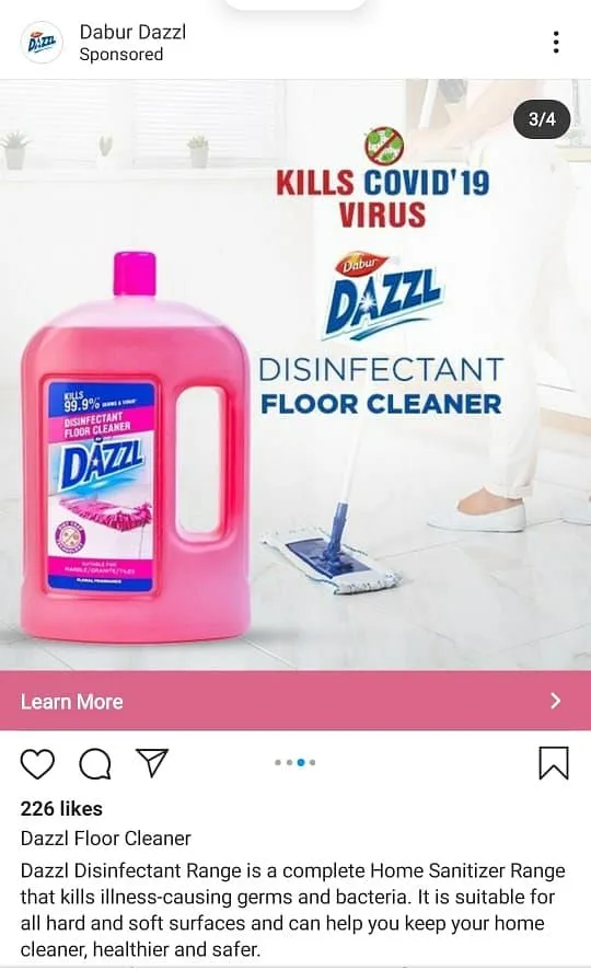 Dazzl's ads for floor cleaner on Instagram  