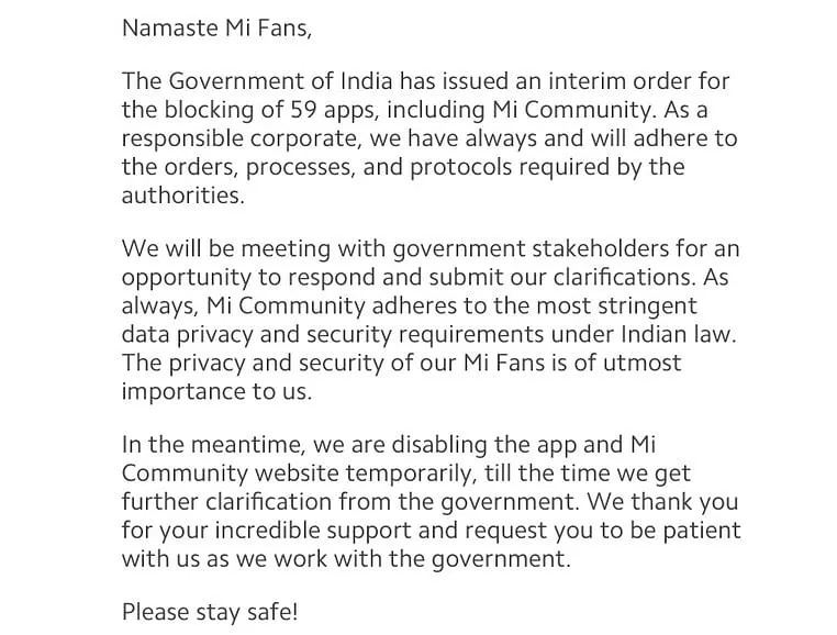 The note on the Mi Community website  