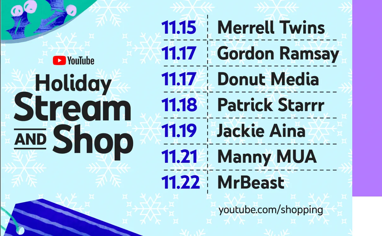 A list of creators and the list of their shopping live streams  