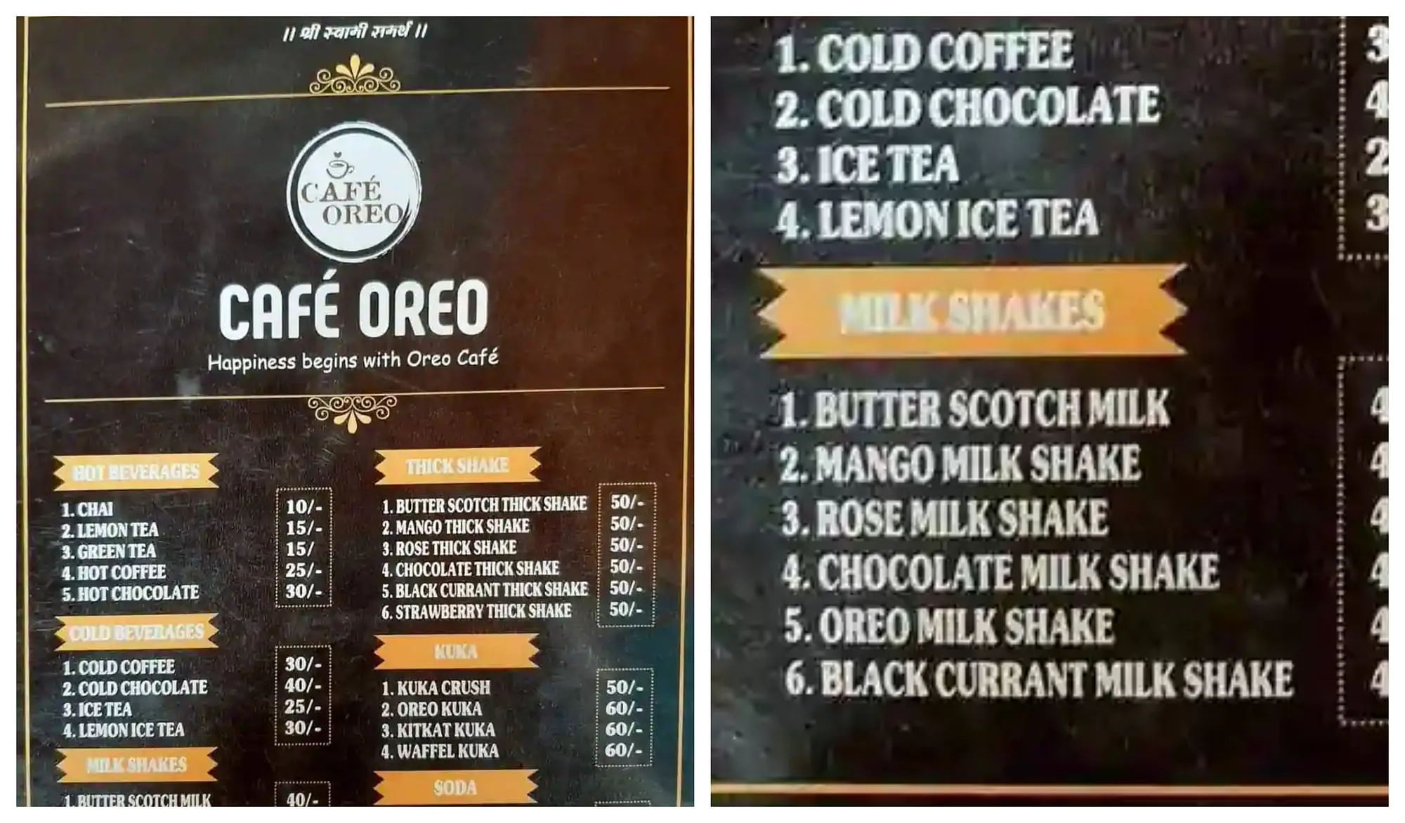 A Nashik based cafe's menu  