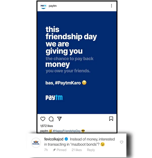 Fevicol's comment on Paytm's post  