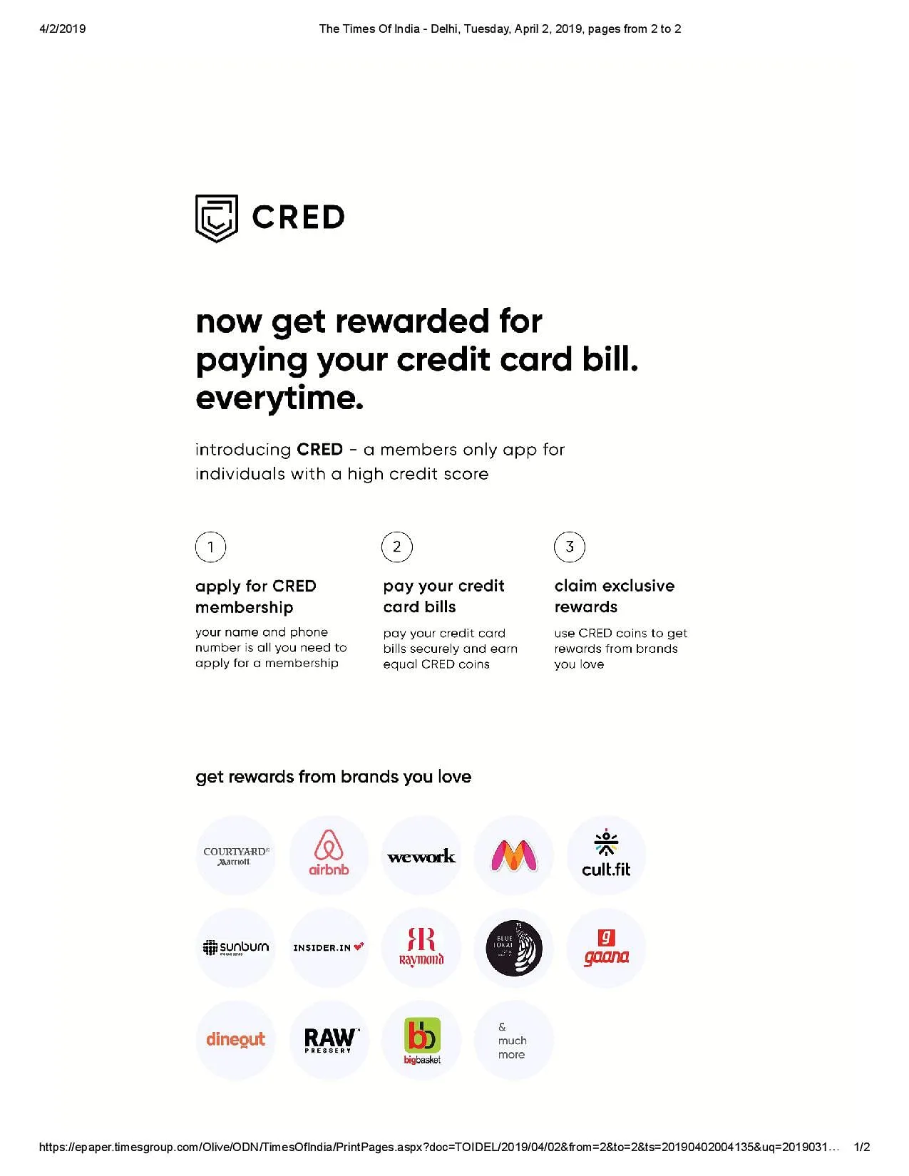 Cred's full page ad in TOI  