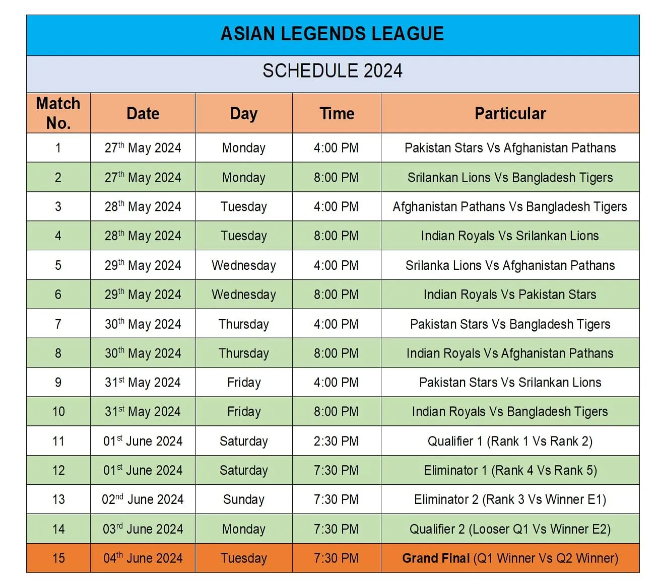 Asian Legends League's schedule  