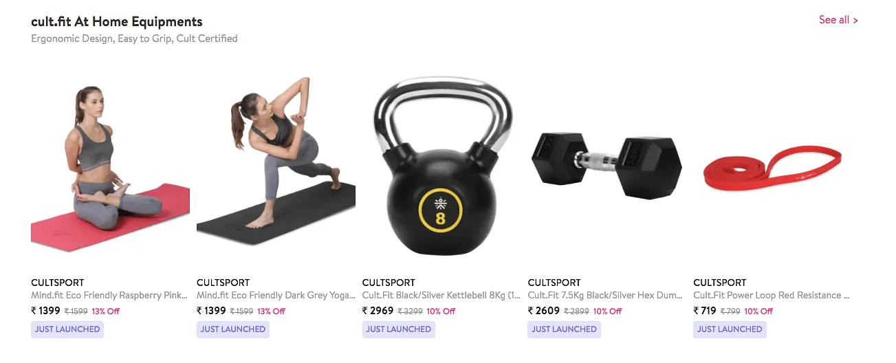 Equipment sold on Cult.Fit's site  