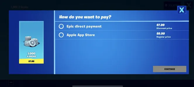 Fortnite's in-app payment system  Source: Epic Games' Antitrust Lawsuit