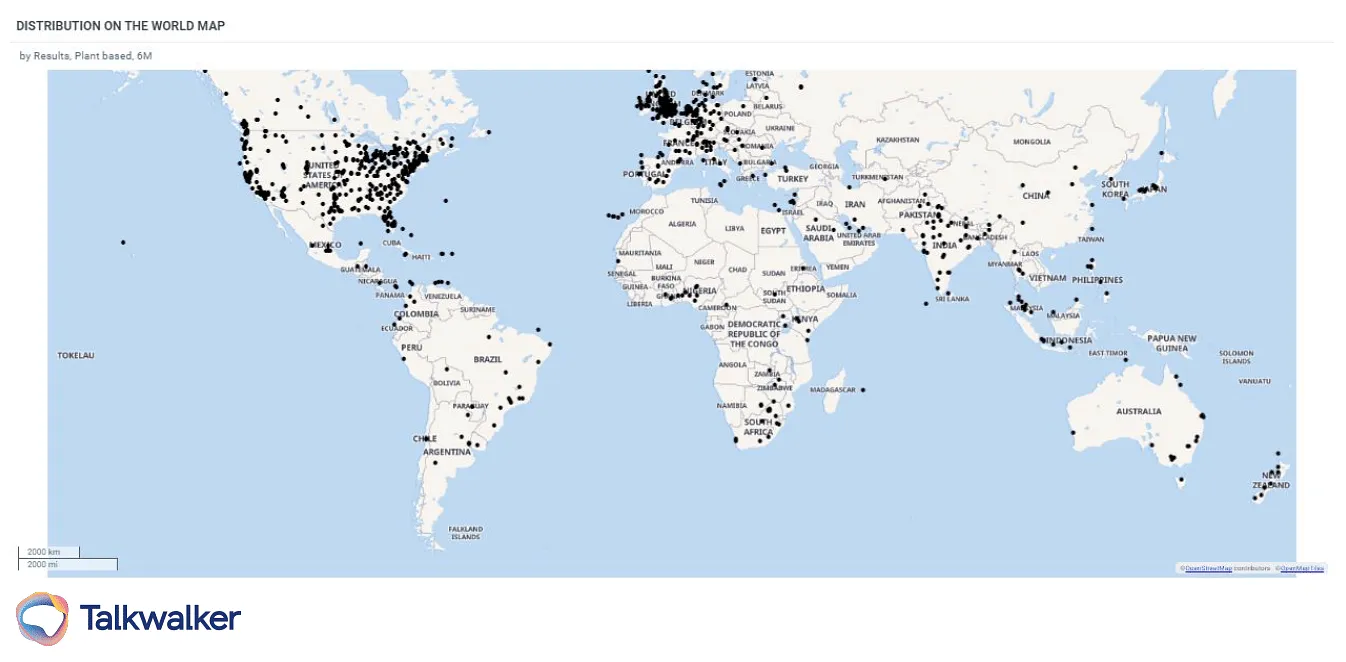 A West-to-East travel of the plant-based foods conversation, is shown in this map, via the Talkwalker platform.  