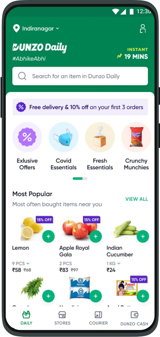 Dunzo Daily app interface  