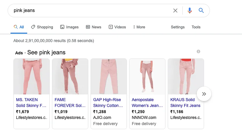 An example of ads shown next to a search query   