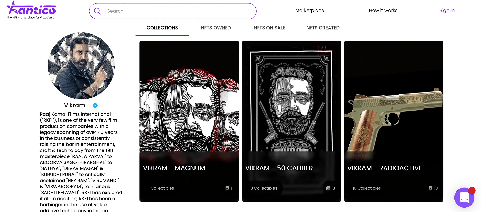 A screenshot of the website where users can own a NFT of an item from the Vikram movie  