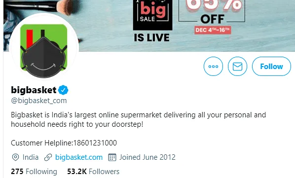 Bigbasket's Twitter handle  