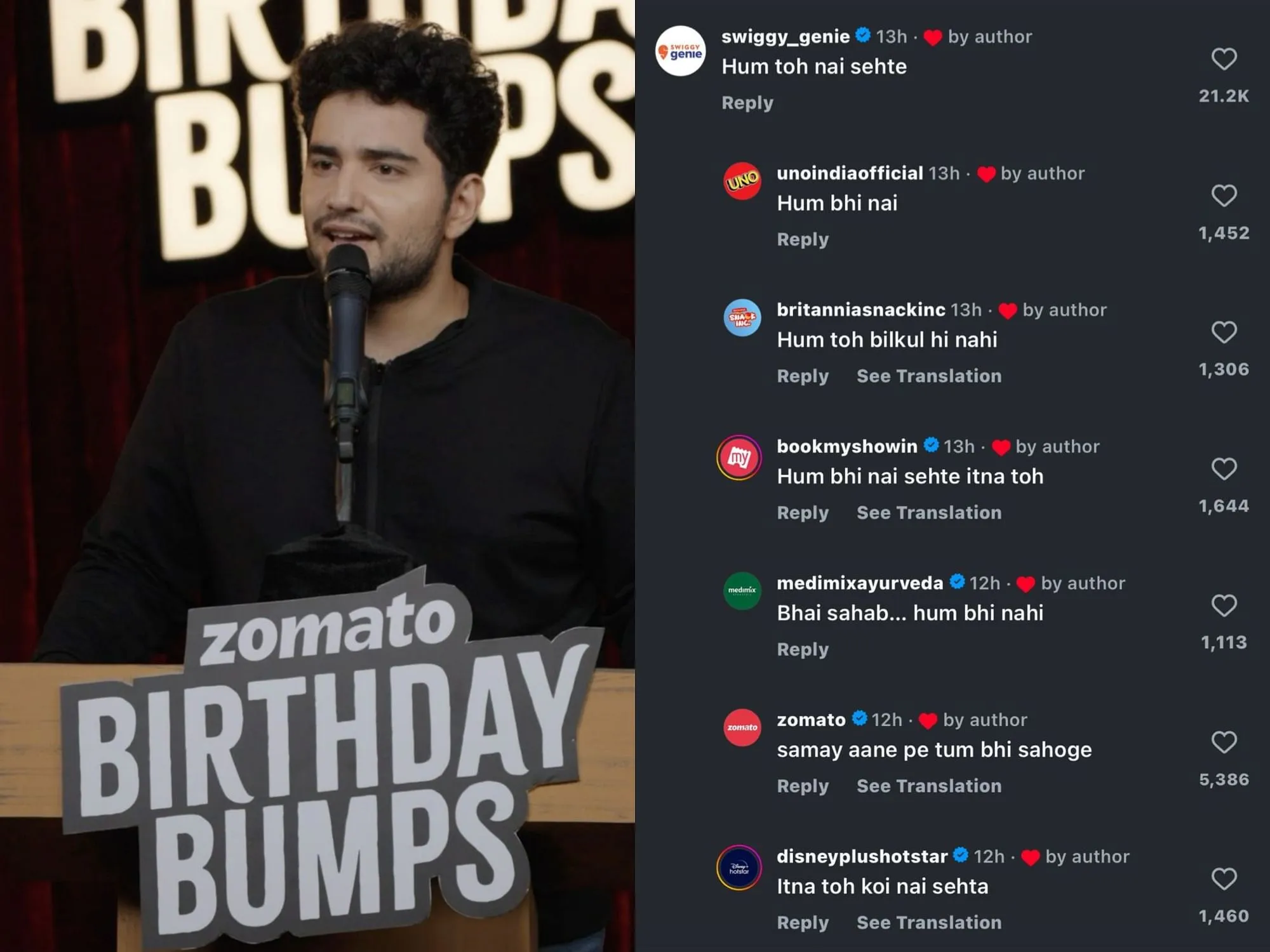 Comments by the brands on the Zomato's Instagram post  