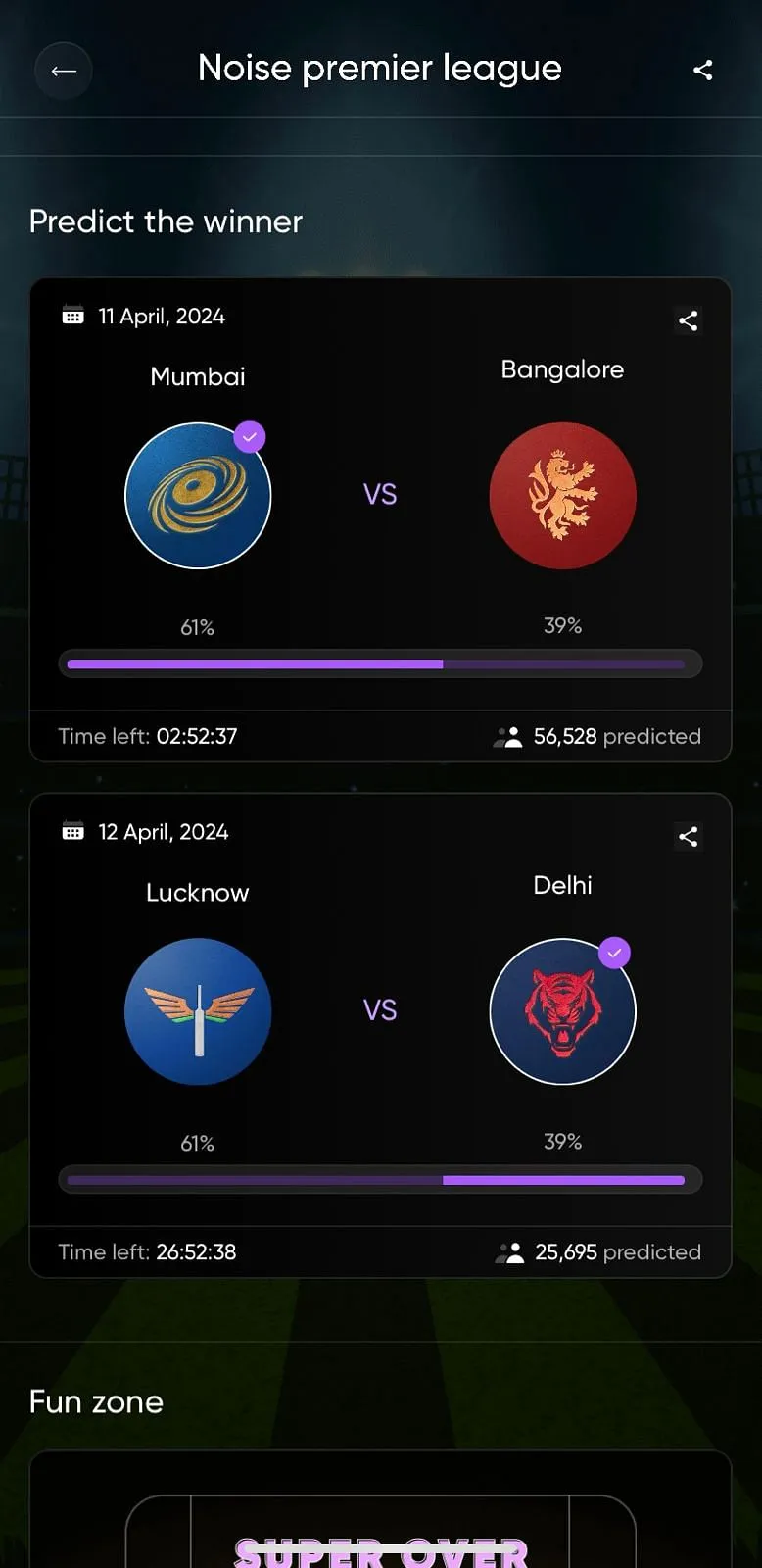   Users can choose their favourite team