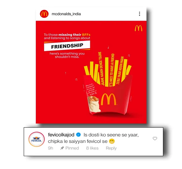 McDonald's post with Fevicol's pinned comment  