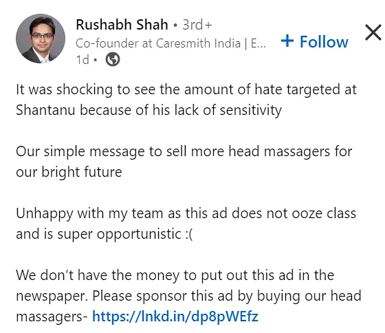 LinkedIn post by Rushabh Shah, co-founder of Caresmith  