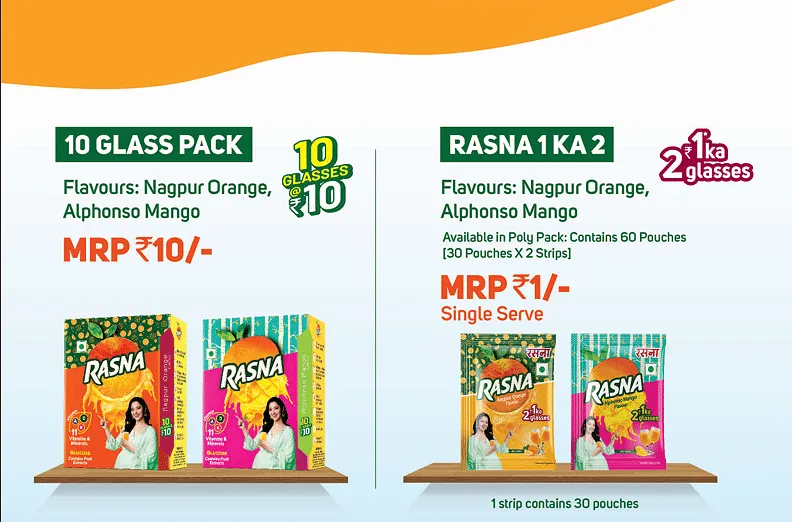 Different sachet packs by Rasna starting from Rs 1 to Rs 10  