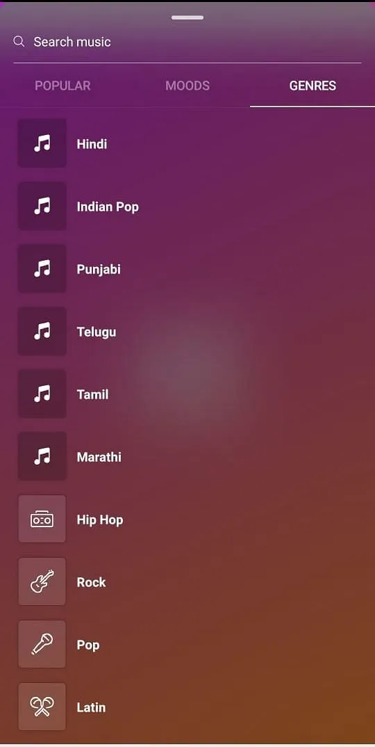 Different genres of music available to use on stories  