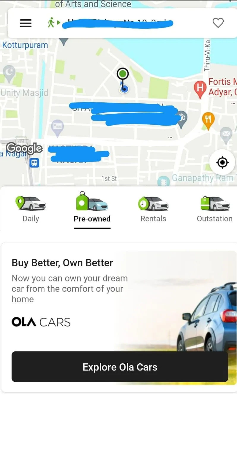 A screenshot of the Ola app  