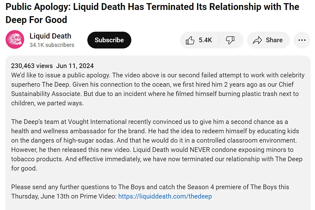 Apology note in Liquid Death's YouTube video caption  