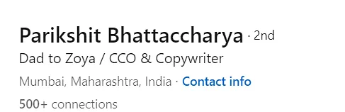 Parikshit Bhattaccharya's LinkedIn bio  