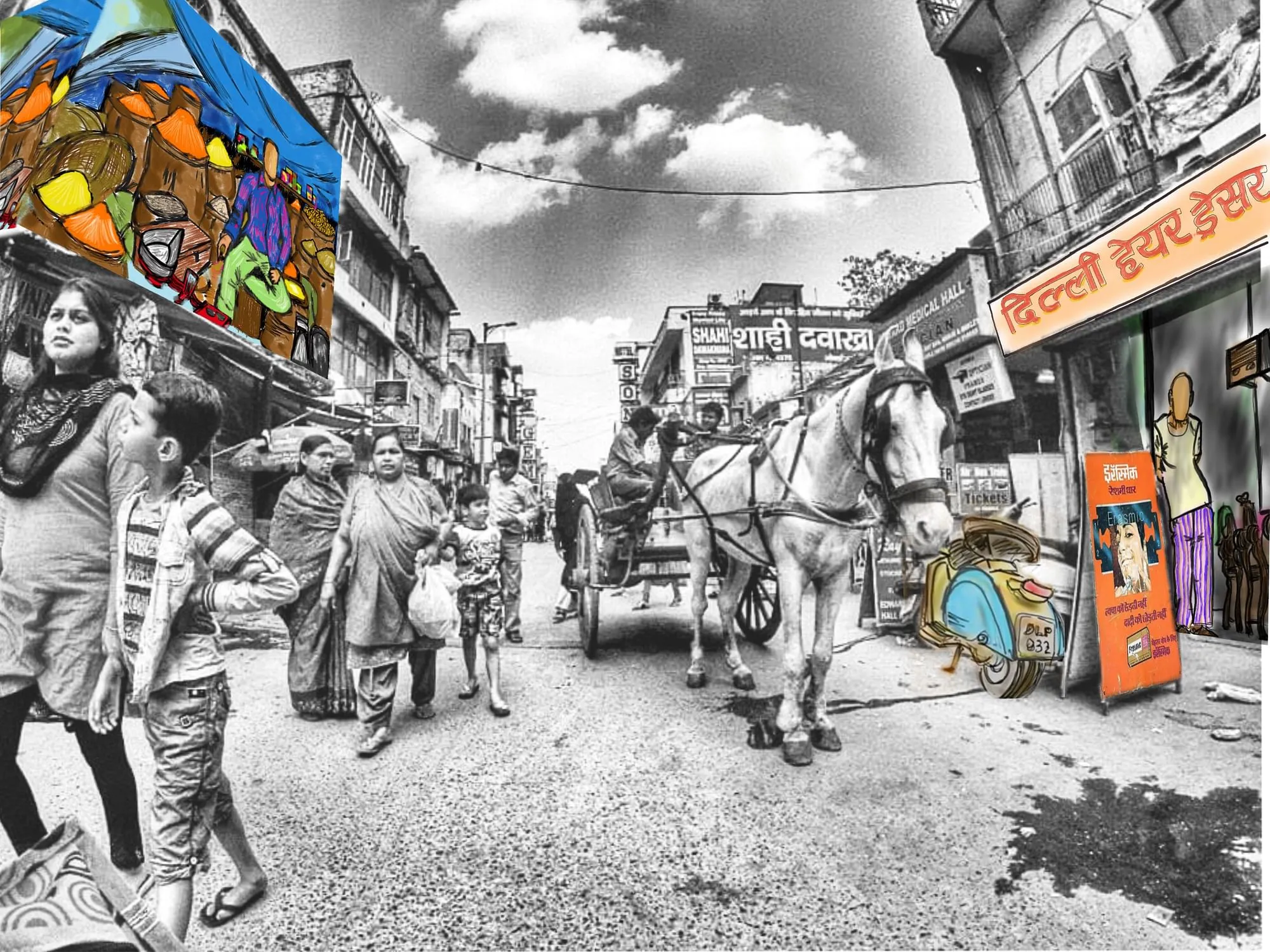 A tribute to Delhi’s old markets in which late Mahashay Dharampal Gulati of MDH travelled his life journey, from a Tongawala to a Masala brand giant.  Original photo-collage and art by Hari Krishnan