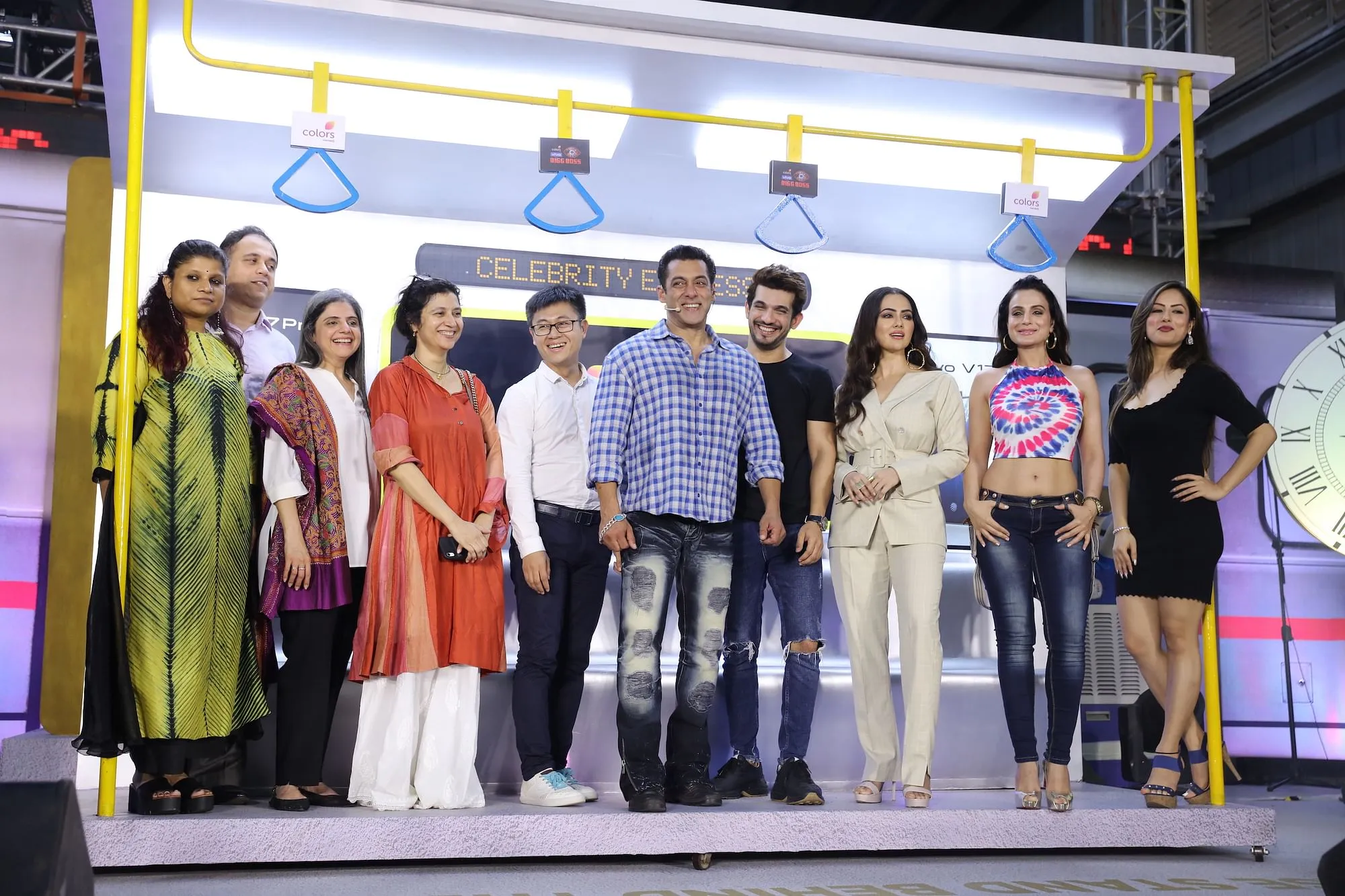 Shital Iyer, Abhishek Rege, Nina Elavia Jaipuria, Manisha Sharma, Jerome Chen with Salman Khan, Arjun Bijlani, Sana Khan, Ameesha Patel and Puja Banerjee at the launch of COLORS' Bigg BossJPG  