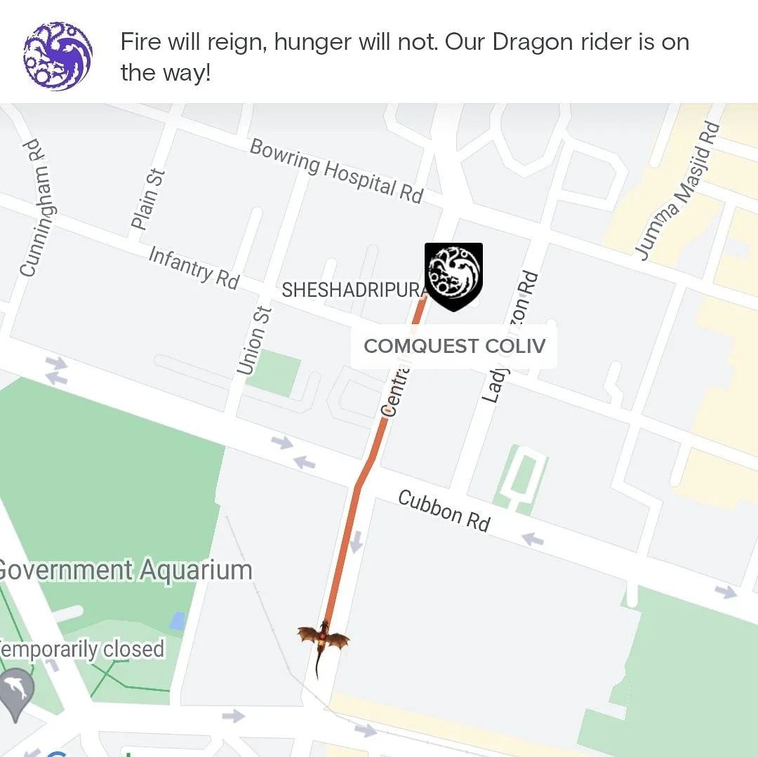 Swiggy's delivery map with a dragon icon  