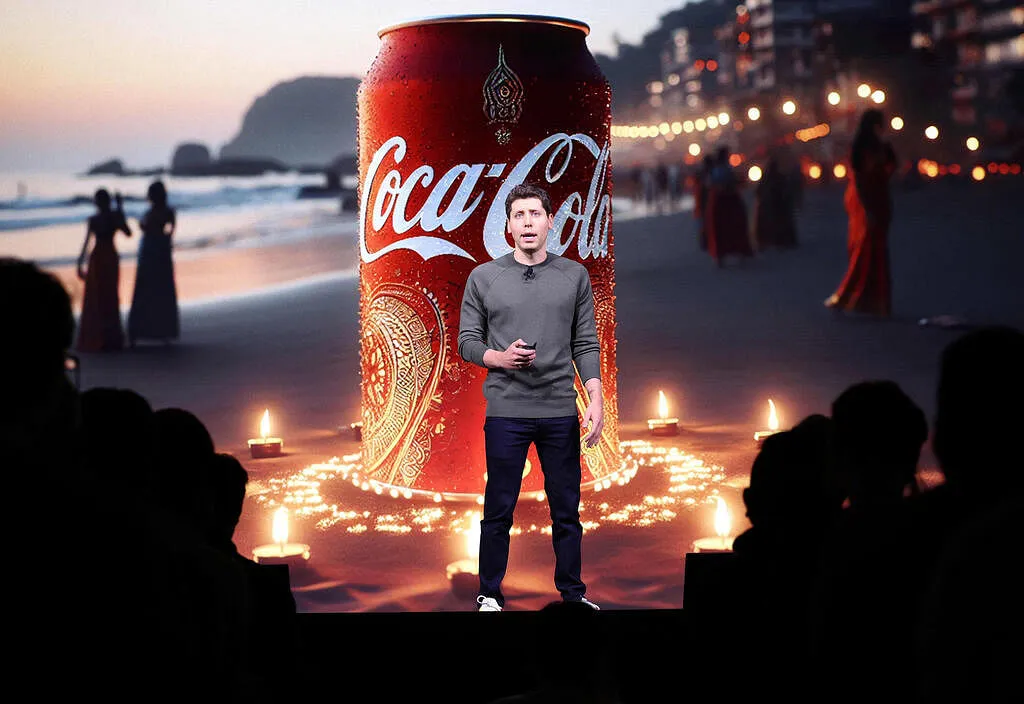 Sam Altman speaks on the Coca-Cola Diwali campaign during OpenAI Dev Day 2023   (Photo: Justin Sullivan/AFP)