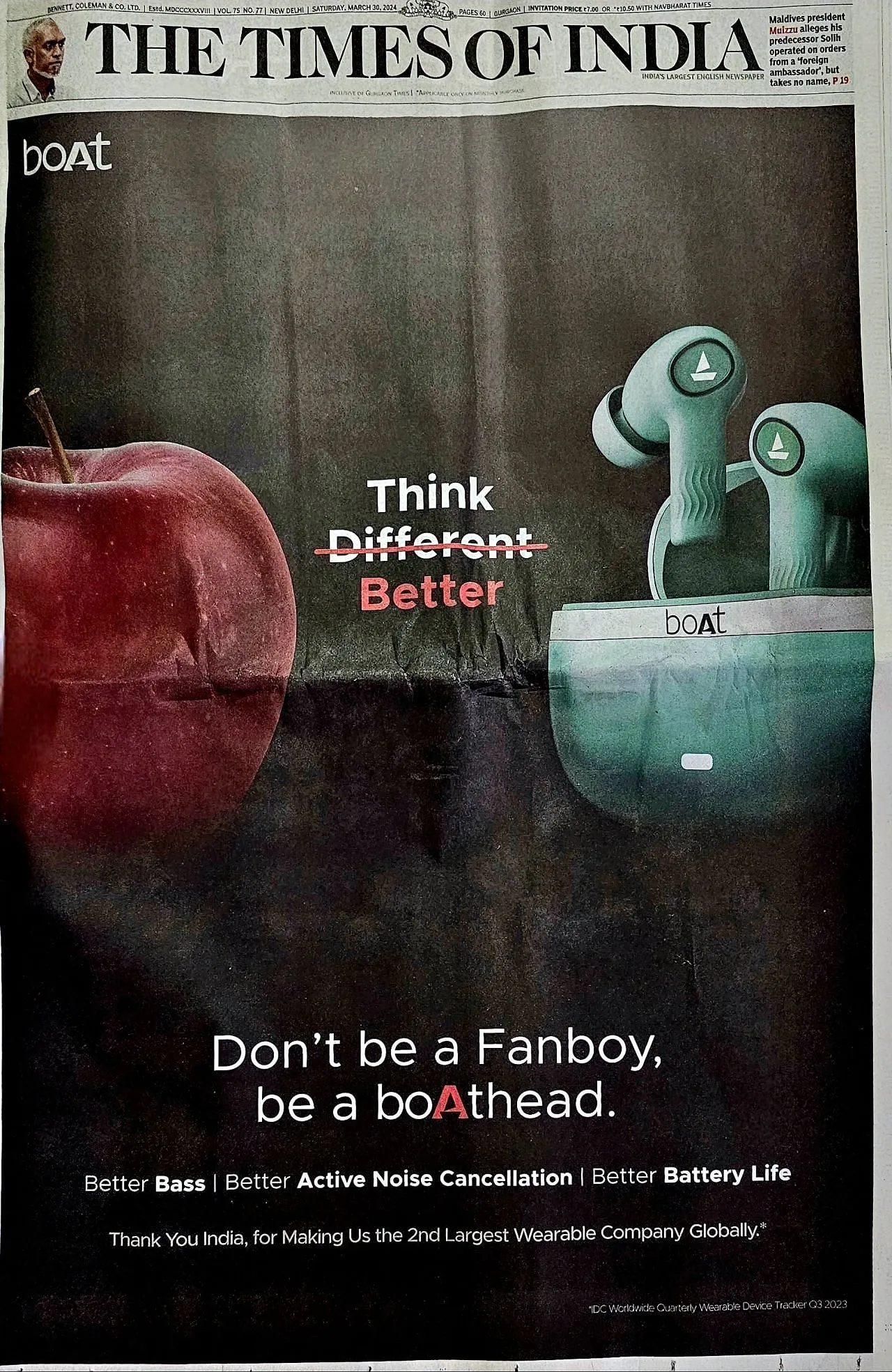 boAt's print ad takes a dig at Apple  