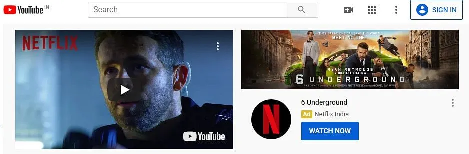 Masthead ad for Ryan Reynolds' new Netflix film on YouTube India  