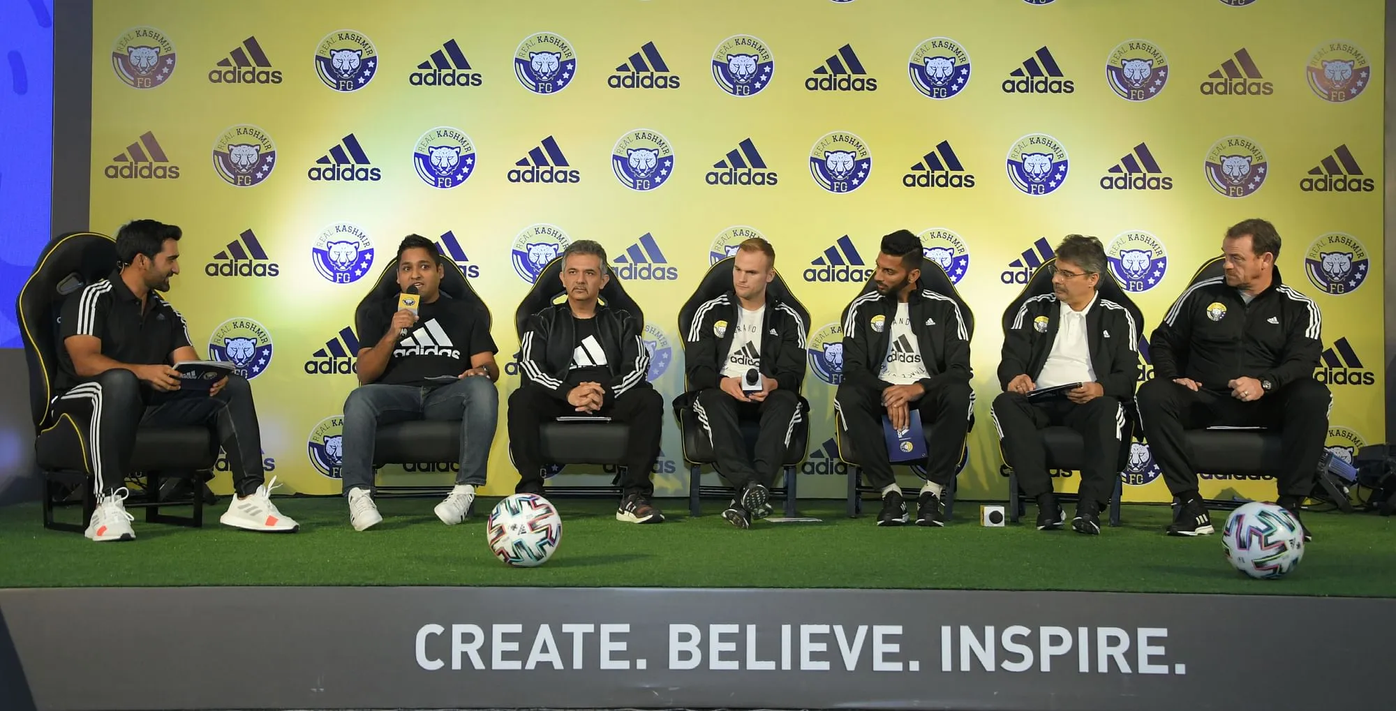 Left to right:  Sharad Singla (brand director), Manish Sapra (senior brand director), Kallum Higginbotham (player), Muhammad Hammad (player), Sandeep Chattoo (co-owner RKFC), David Robertson (coach)  