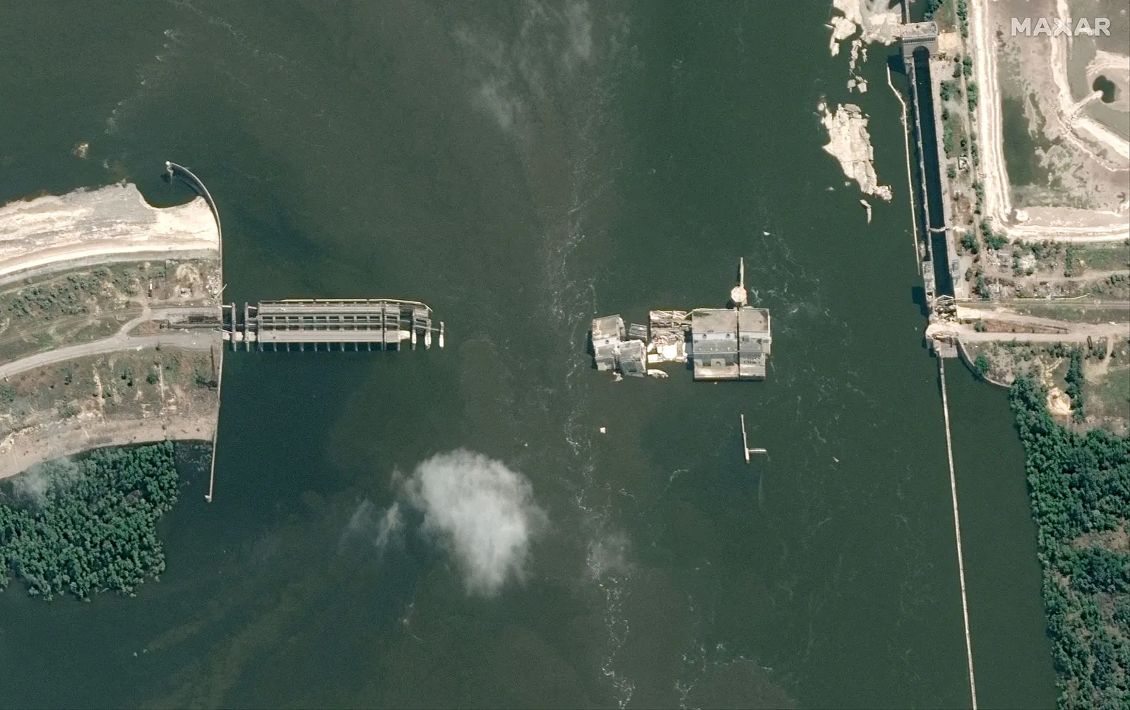 A satellite image shows the Nova Kakhovka dam after its collapse. 