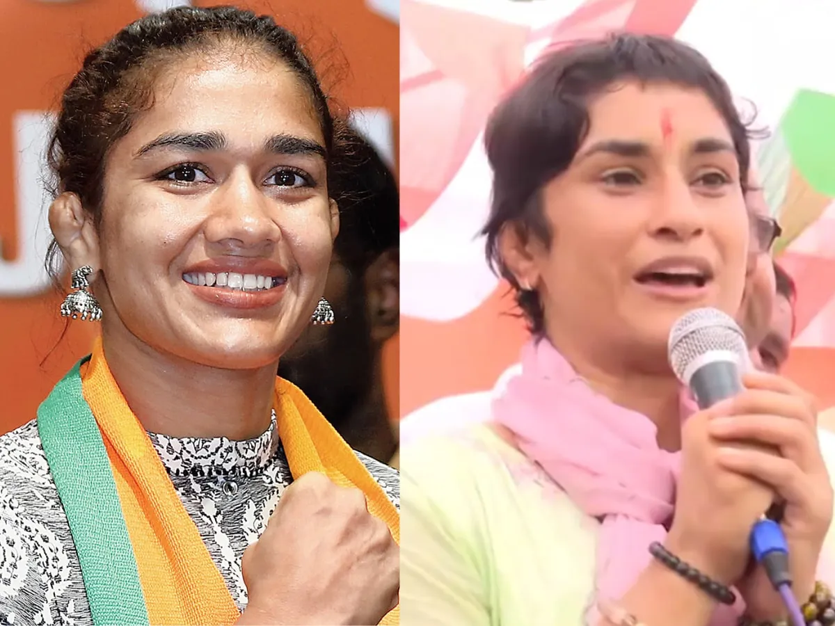 Wrestler-turned politicians Babita Phogat (BJP) and Vinesh Phogat (Congress). (File image)