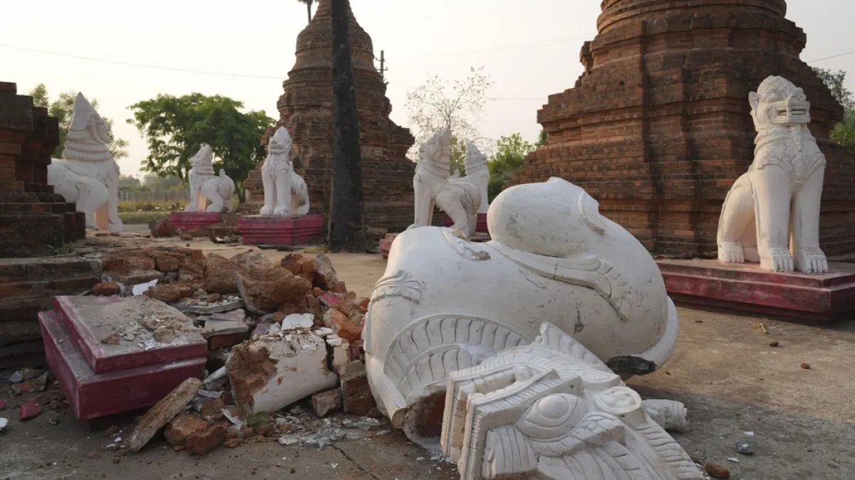 Damaged pagodas are seen after Friday's powerful earthquake in Naypyitaw, Myanmar, Saturday, March 29, 2025.
