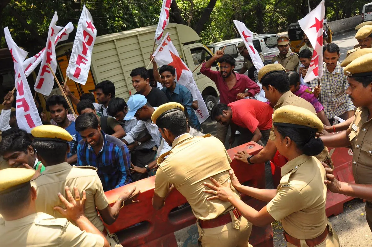 CPI (M) on X: "Peaceful protest of SFI-DYFI against ban of Ambedkar Periyar  Study Circle, outside IIT Madras was attacked by Police.  http://t.co/ECnXQaZFCW" / X