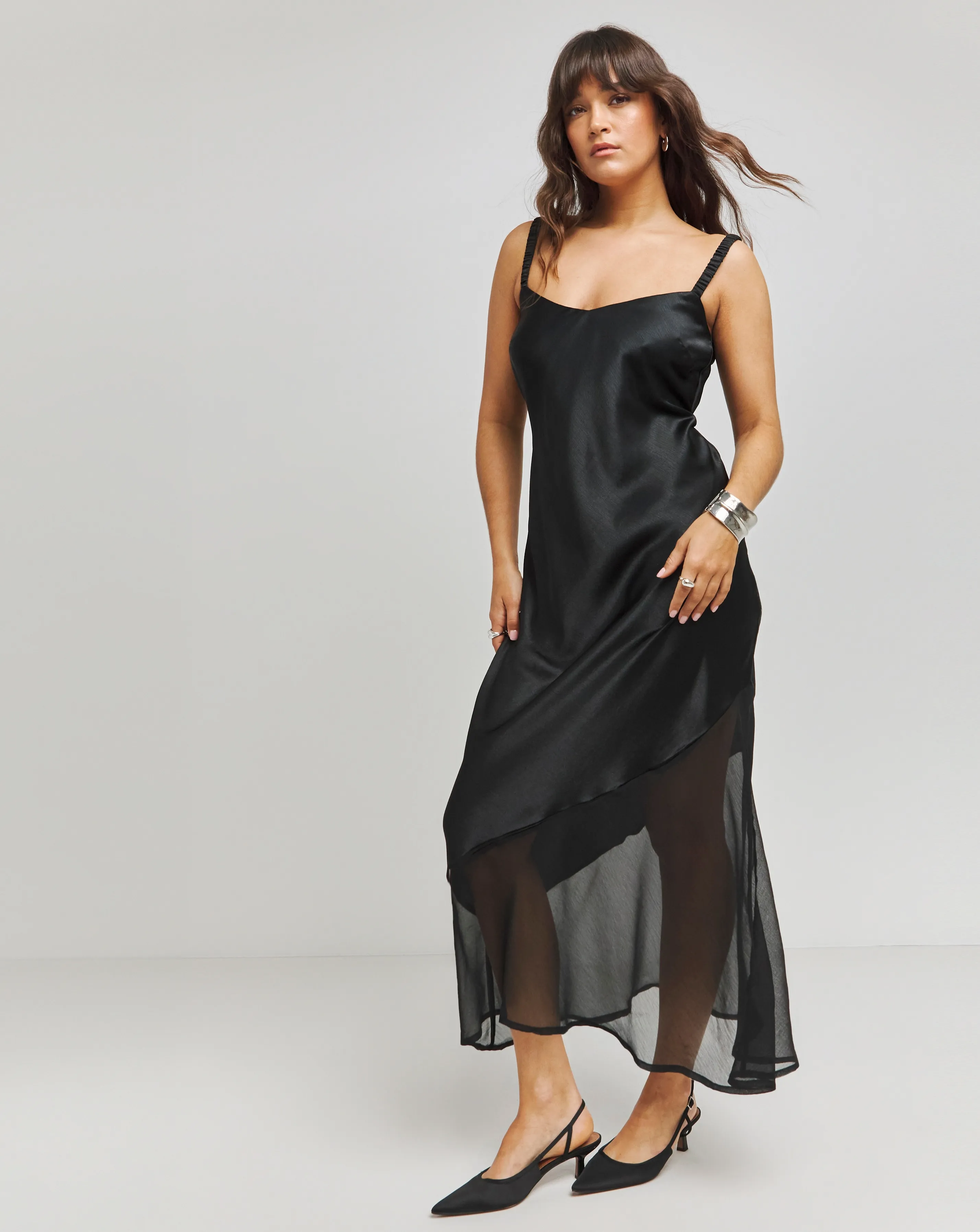 Black Satin Sheer Mix Slip Dress | Simply Be