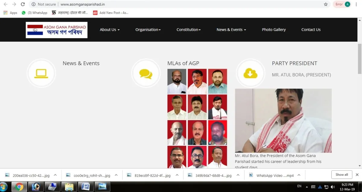 অসম গণ পৰিষদৰ হোমপেজৰ নমুনা।  