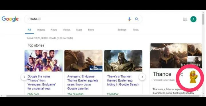 গুগ'লত 'THANOS' ছাৰ্চ কৰাৰ পাছত দেখুওৱা ৰিজাল্ট পেজটো…  