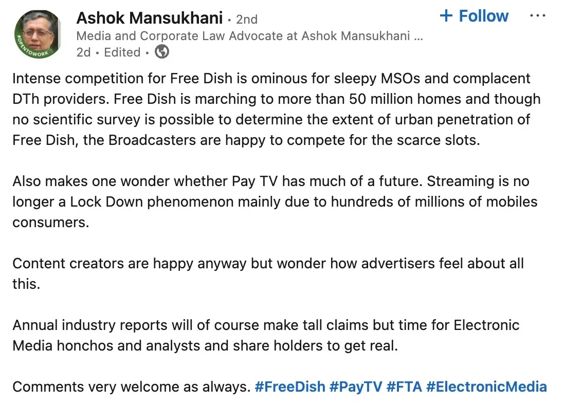Ashok Mansukhani's linkedin post