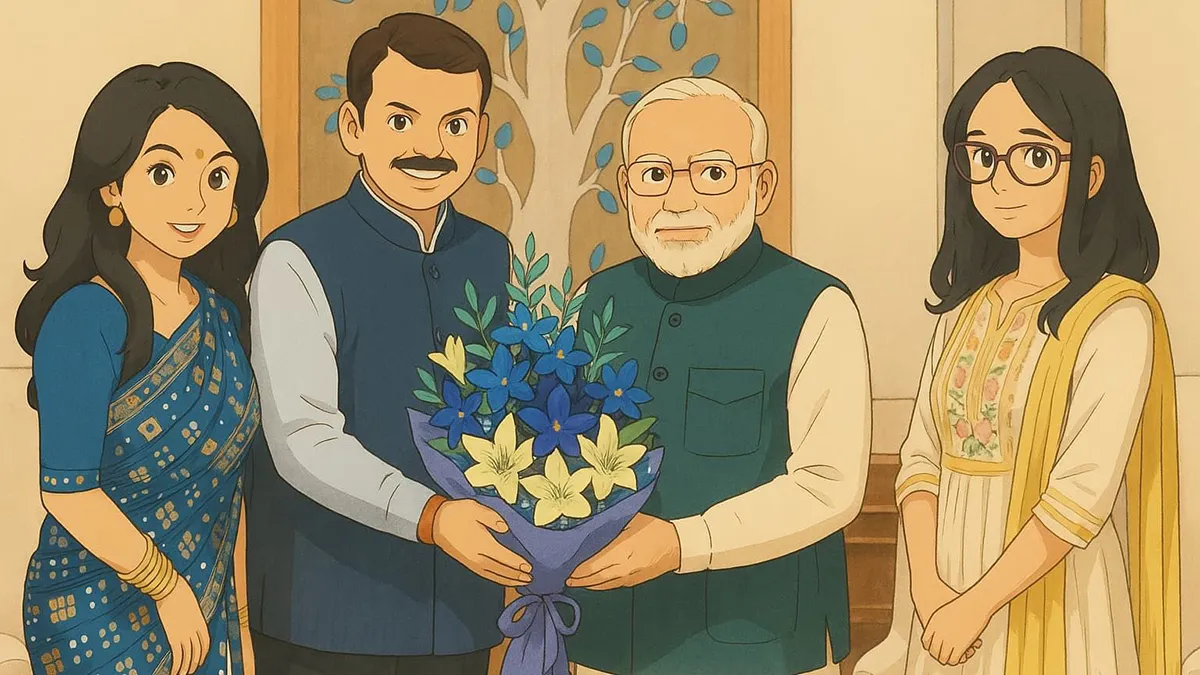 left to right: Amruta Fadnavis, Chief Minister Devendra Fadnavis, Prime Minister Narendra Modi and Divija Fadnavis